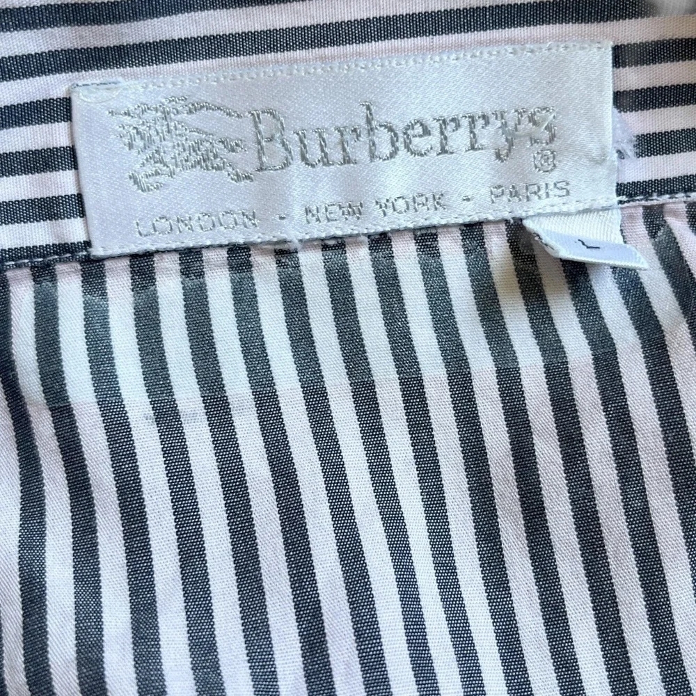 Vintage 90s Burberrys Navy and Nude Striped Blouse Button Front Shirt Large - Picture 12 of 12